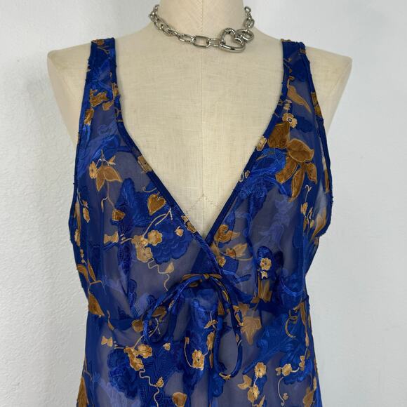 Vintage Sheer Night Grown Slip Dress Blue Floral V-Neck Size Medium - Picture 2 of 7